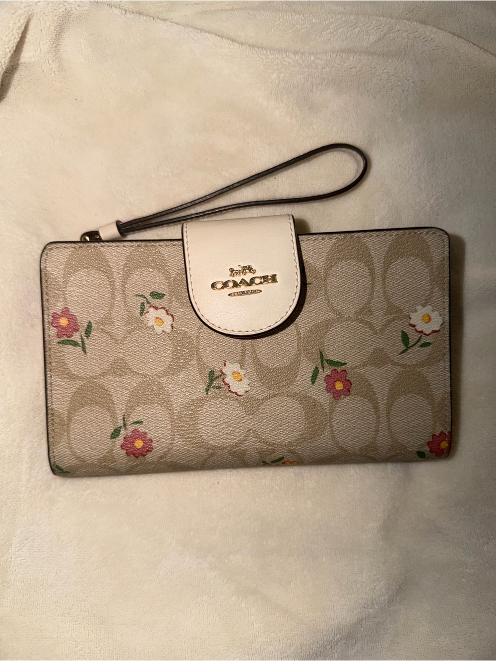 Coach Beige Floral Signature Wristlet with White Trim